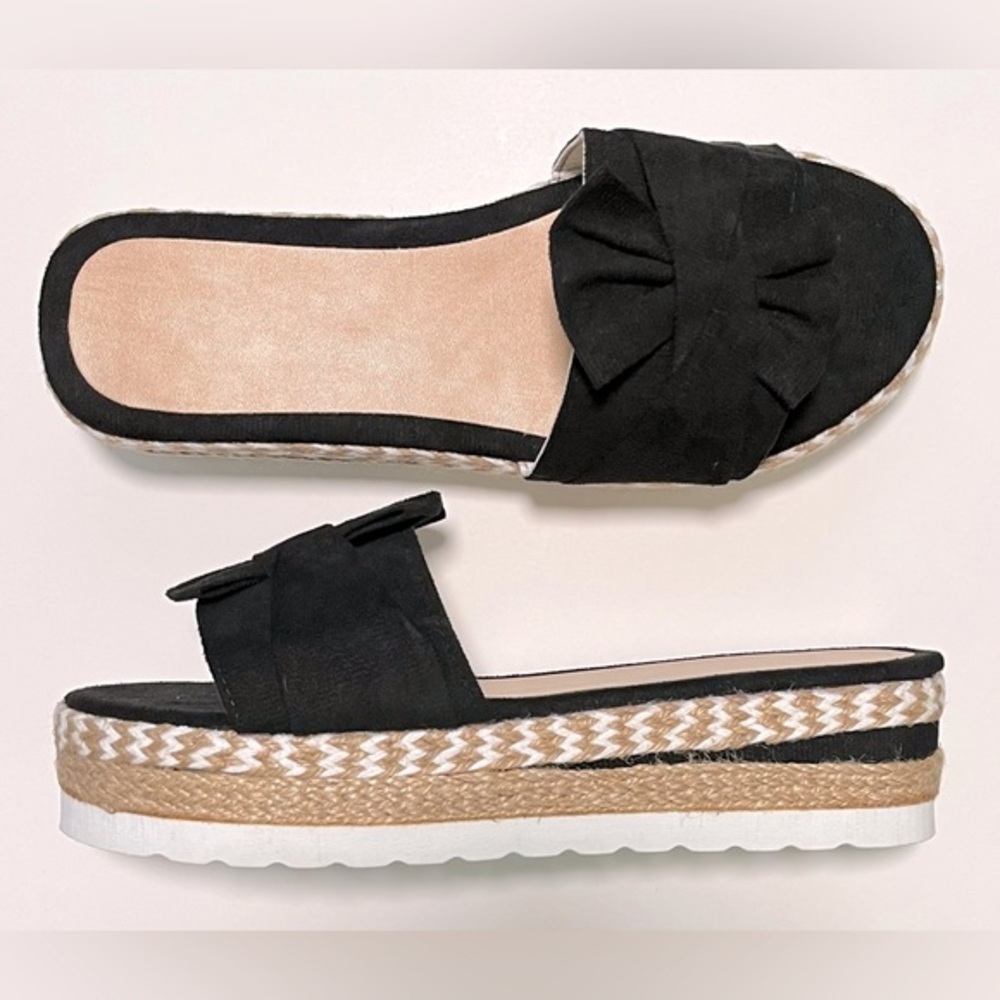 NWOT-EMERY ROSE-Women's Suedette Bow Tie Espadrille Wedge Slide Sandals-Size 8.5